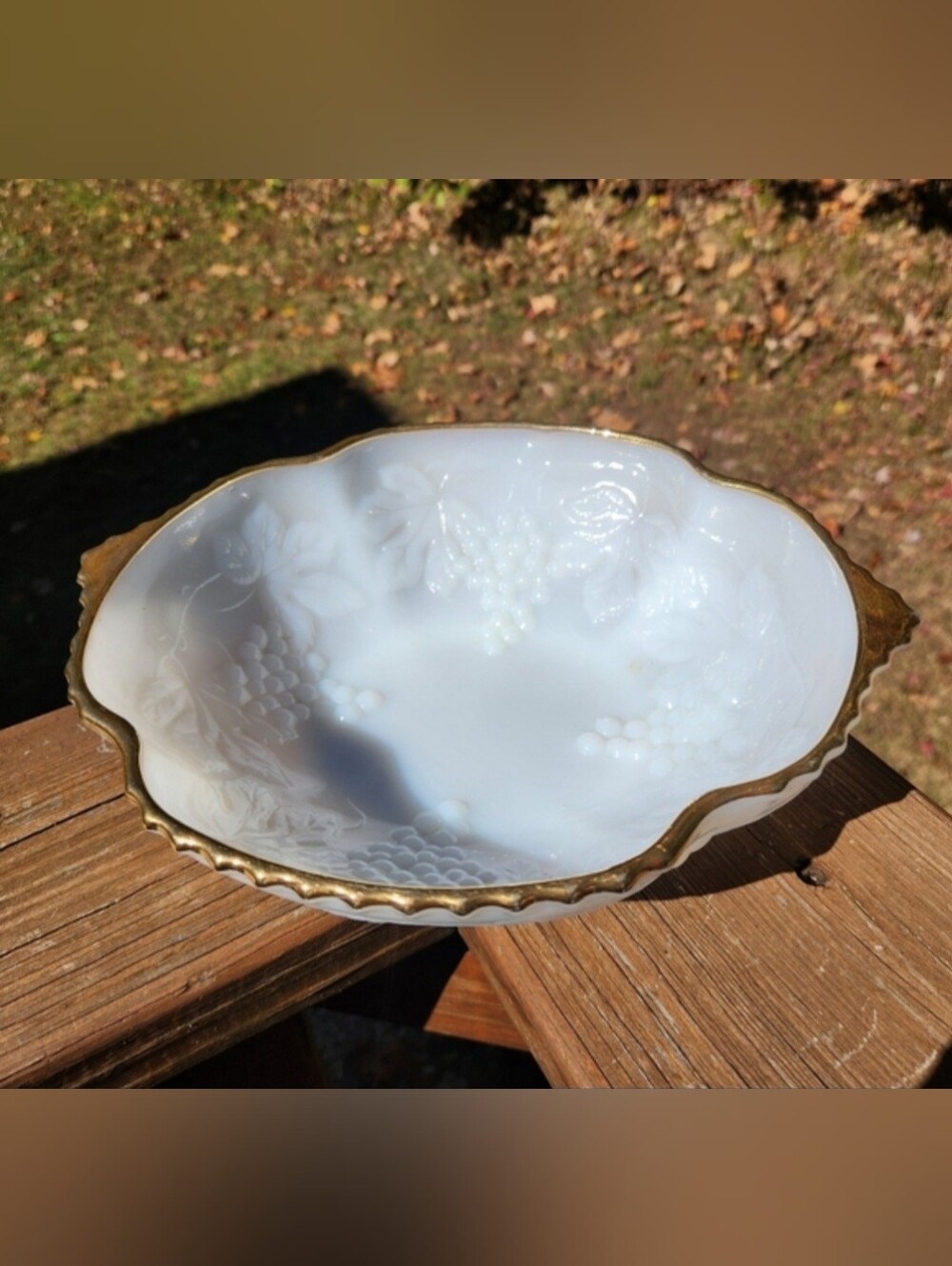 Vintage Anchor Hocking Milkglass Bowl With Grape & Vine Pattern and Gold Trim